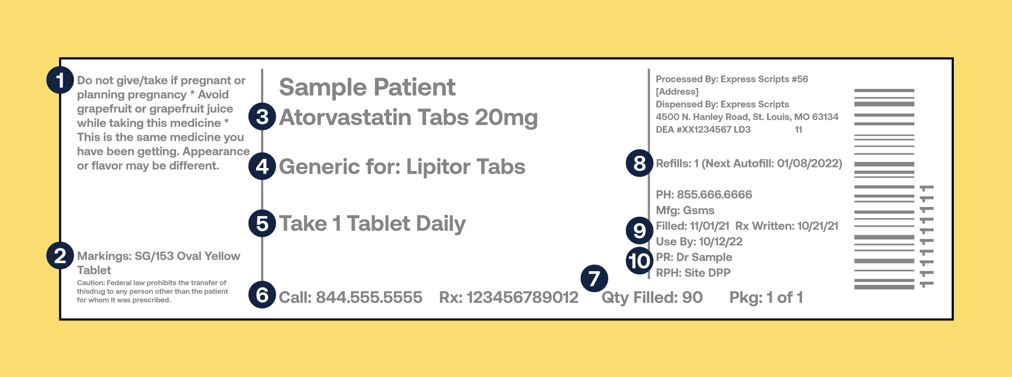 A sample prescription label from Express Scripts® Pharmacy.